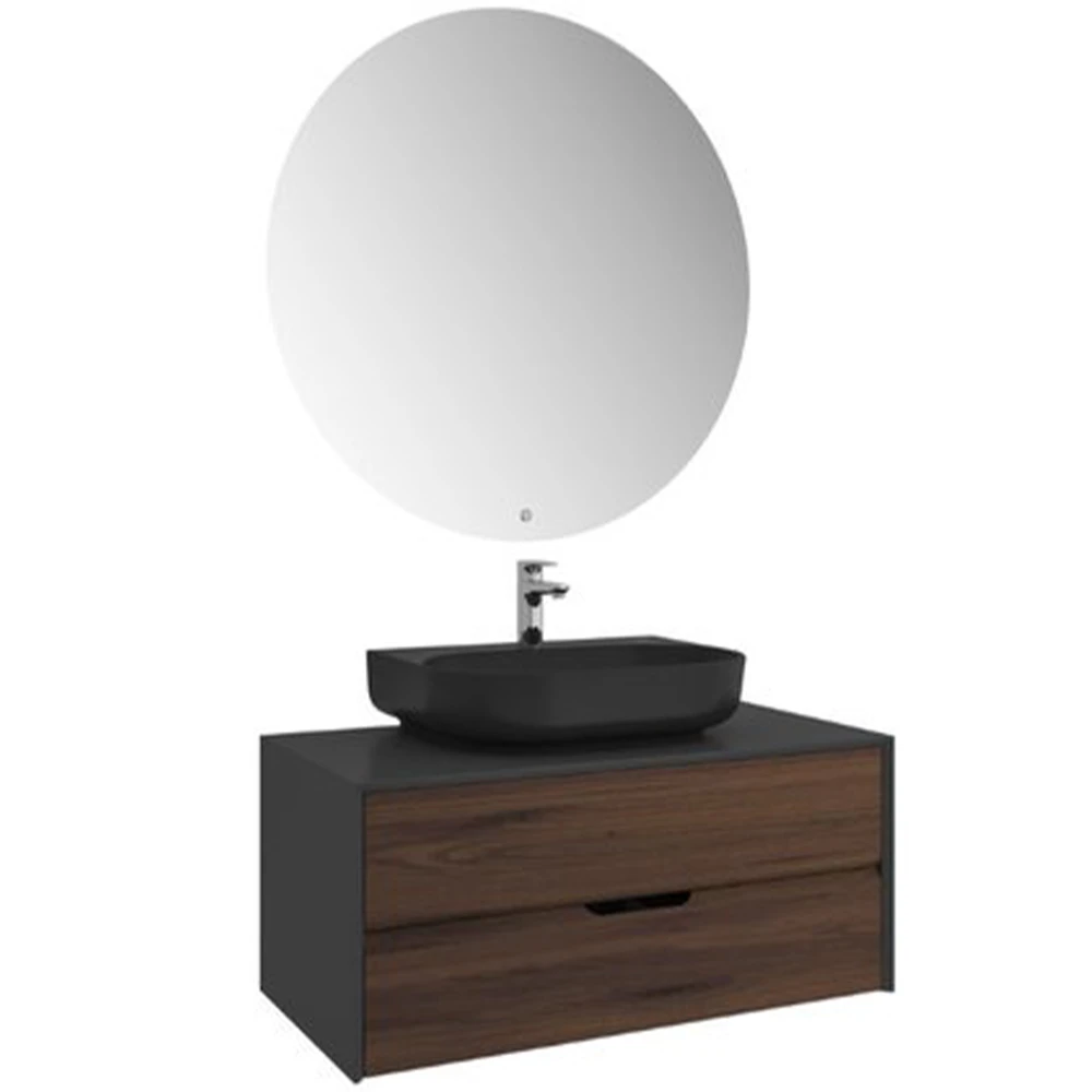 Kale Zero 2.0 100 Cm Antrasit Ceviz Banyo Dolabı (Oval Mat Siyah Armatür Bantlı Lavabo)