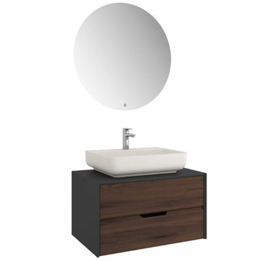 Kale Zero 2.0 80 Cm Antrasit Ceviz Banyo Dolabı (Dörtgen Mat İnci Armatür Bantlı Lavabo)