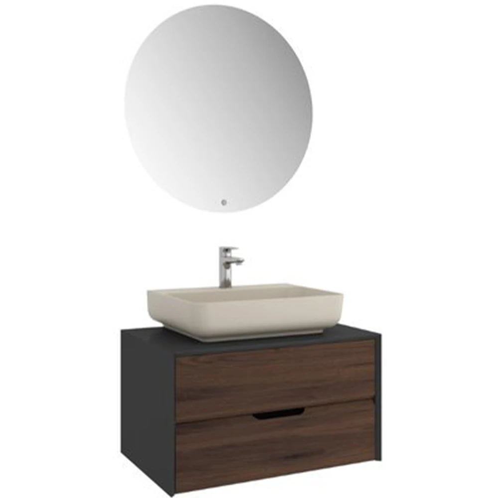Kale Zero 2.0 80 Cm Antrasit Ceviz Banyo Dolabı (Dörtgen Mat Vizon Armatür Bantlı Lavabo)