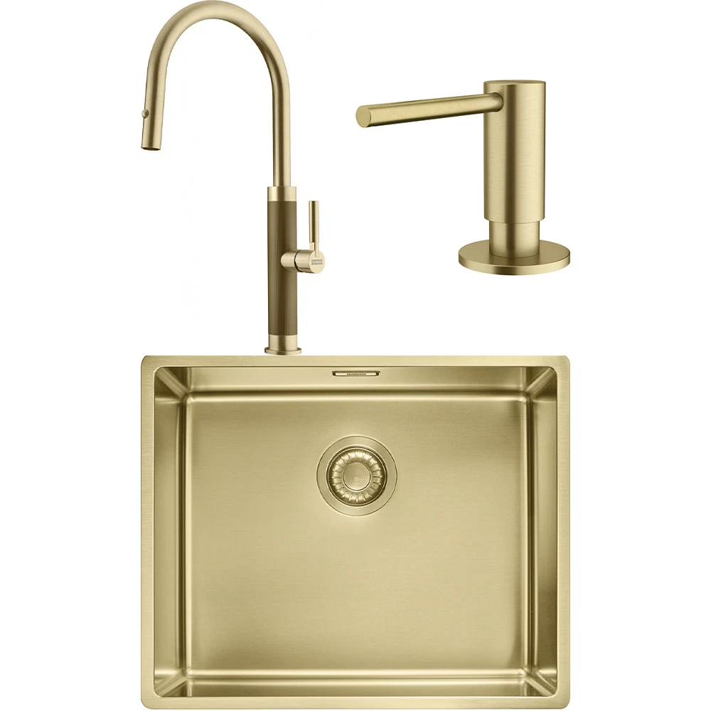 Franke Mythos Masterpiece BXM 210/110-50 Eviye + Mythos Masterpiece Spiralli Armatür + Active Sıvı Sabunluk (Altın)