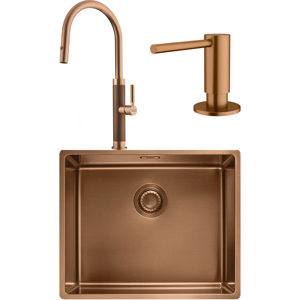 Franke Mythos Masterpiece BXM 210/110-50 Eviye + Mythos Masterpiece Spiralli Armatür + Active Sıvı Sabunluk (Bakır)