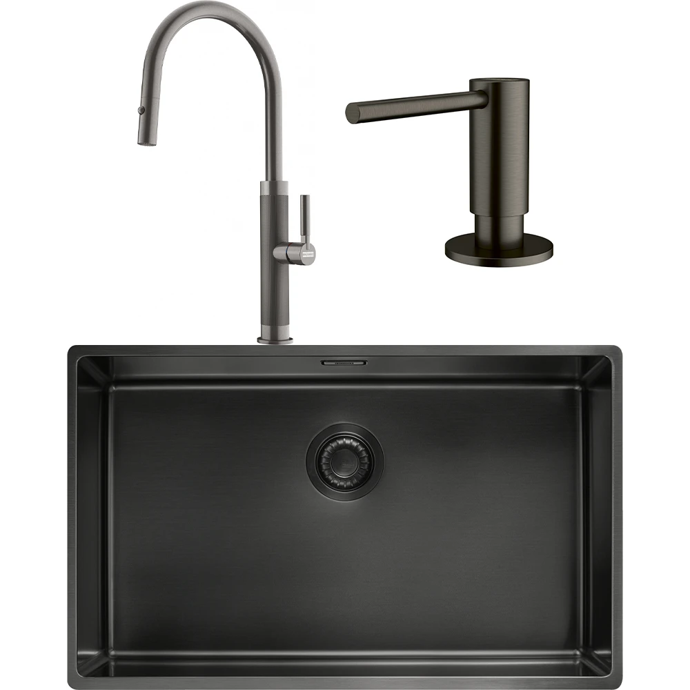 Franke Mythos Masterpiece BXM 210/110-68 Eviye + Mythos Masterpiece Spiralli Armatür + Active Sıvı Sabunluk (Antrasit)