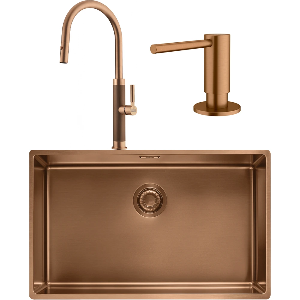 Franke Mythos Masterpiece BXM 210/110-68 Eviye + Mythos Masterpiece Spiralli Armatür + Active Sıvı Sabunluk (Bakır)