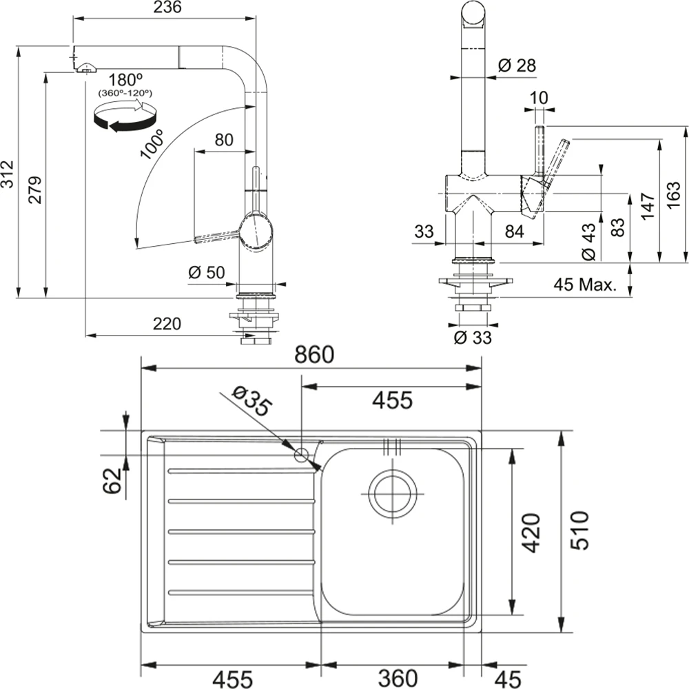 Franke Neptun NEX 611-86 Sol Damlalıklı Evye + Active Plus Doccia Armatür Seti Hemen Al
