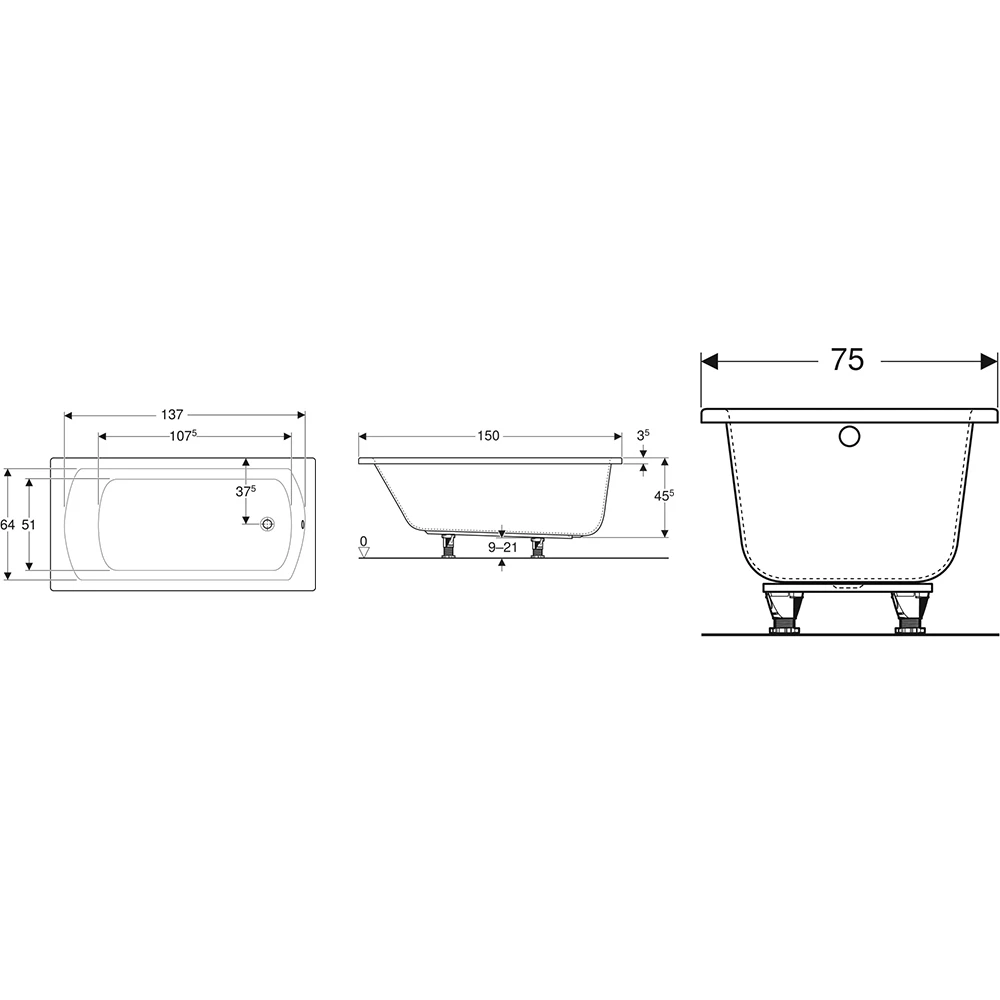 Geberit Perfect 150x75 Ayaklı Dikdörtgen Küvet - 554.071.01.1 Hemen Al
