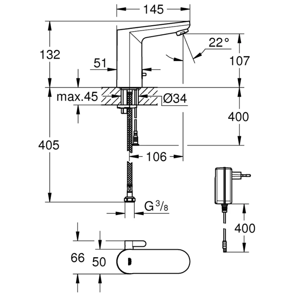 Grohe Eurosmart Cosmopolitan E Çift Su Girişli Ayarlanabilir Sıcaklık Sınırlayıcısı Fotoselli Lavabo Bataryası - 36331001 Hemen Al