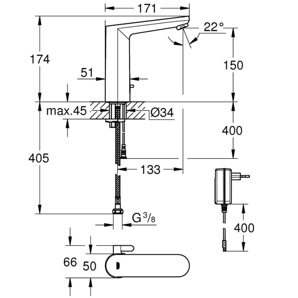 Grohe Eurosmart Cosmopolitan E Çift Su Girişli, Ayarlanabilir Sıcaklık Sınırlayıcısı Fotoselli Lavabo Bataryası - 36421001 Hemen Al