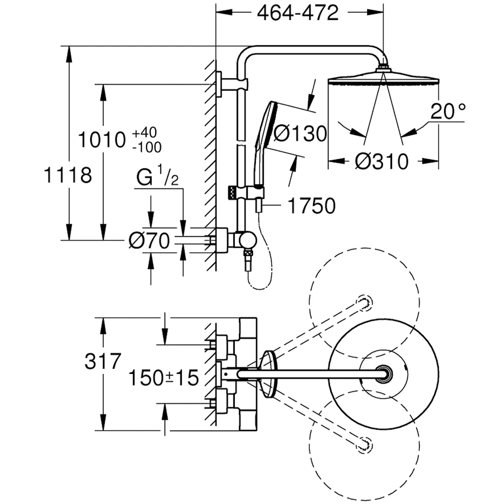 Grohe Rainshower System Duvara Monte Termostatik Bataryalı Mat Siyah Duş Sistemi - 22119KF0 Hemen Al