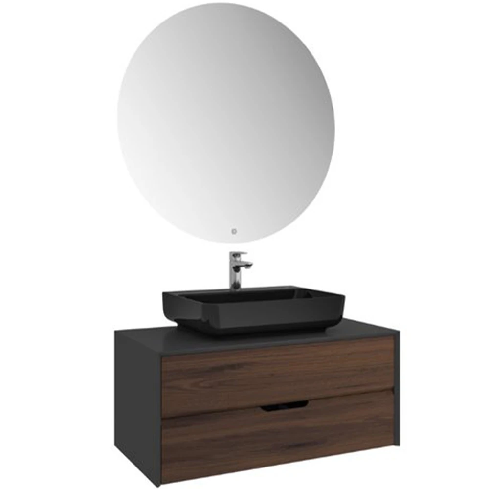 Kale Zero 2.0 100 Cm Set Antrasit & Ceviz (Dörtgen Parlak Siyah Armatür Bantlı Lavabo) Hemen Al