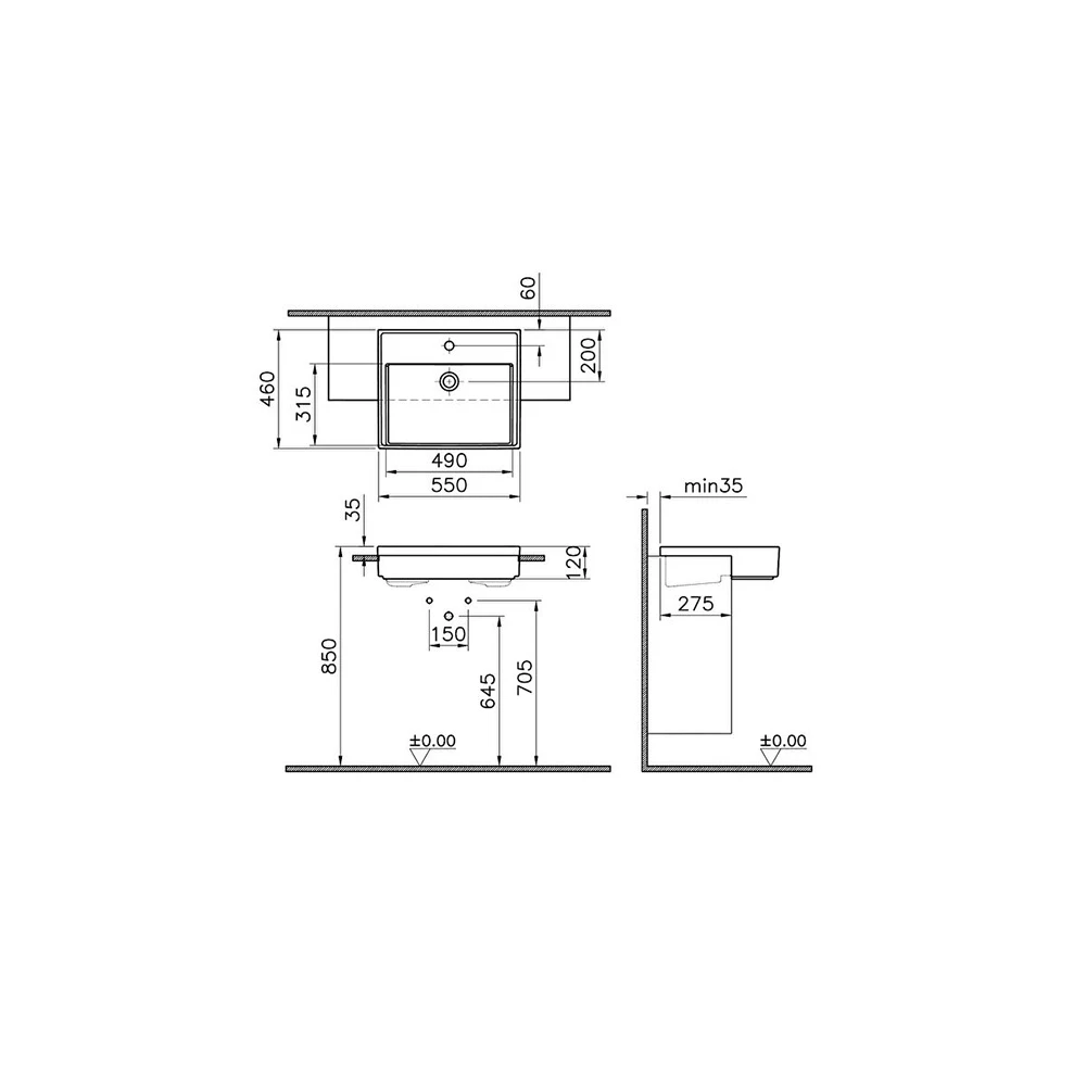 Vitra ArchiPlan 55x46 Cm Mat Taş Gri Yarım Tezgah Lavabo 7412B076-0001 Hemen Al