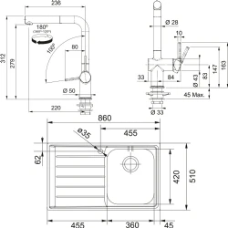 Franke Neptun NEX 611-86 Sol Damlalıklı Evye + Active Plus Doccia Armatür Seti Hemen Al