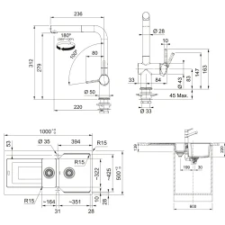 Franke Urban Ubg 651-100 1,5 Gözlü Granit Evye + Active Plus Doccia 2.0 Armatür (Oyster)