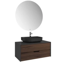 Kale Zero 2.0 100 Cm Antrasit Ceviz Banyo Dolabı (Oval Mat Siyah Armatür Bantlı Lavabo) Hemen Al