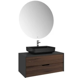 Kale Zero 2.0 100 Cm Set Antrasit & Ceviz (Dörtgen Parlak Siyah Armatür Bantlı Lavabo) Hemen Al