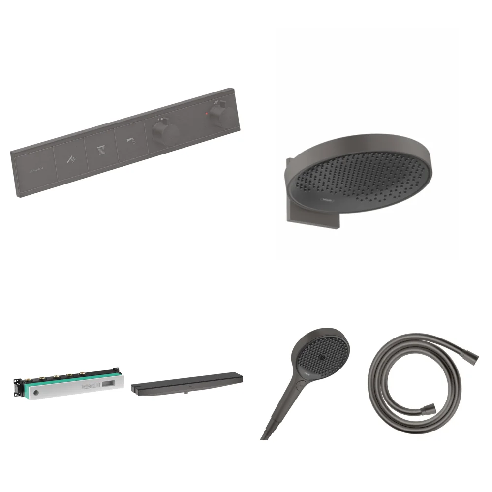 Hansgrohe RainSelect Mat Siyah-Krom 3 Çıkış Ankastre Duş Seti - Rainfinity 360 + Duş Rafı