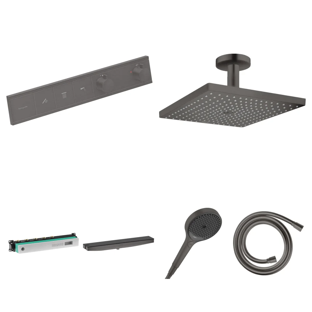 Hansgrohe RainSelect Mat Siyah-Krom 3 Çıkış Ankastre Duş Seti - Raindance E 300 Tavan + Duş Rafı