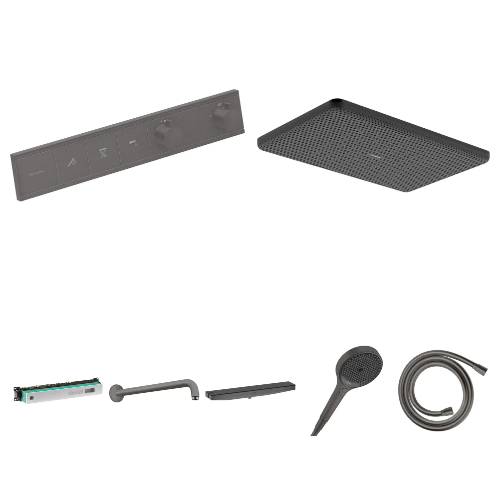 Hansgrohe RainSelect Mat Siyah-Krom 3 Çıkış Ankastre Duş Seti - Raindance Alive Q + Duş Rafı