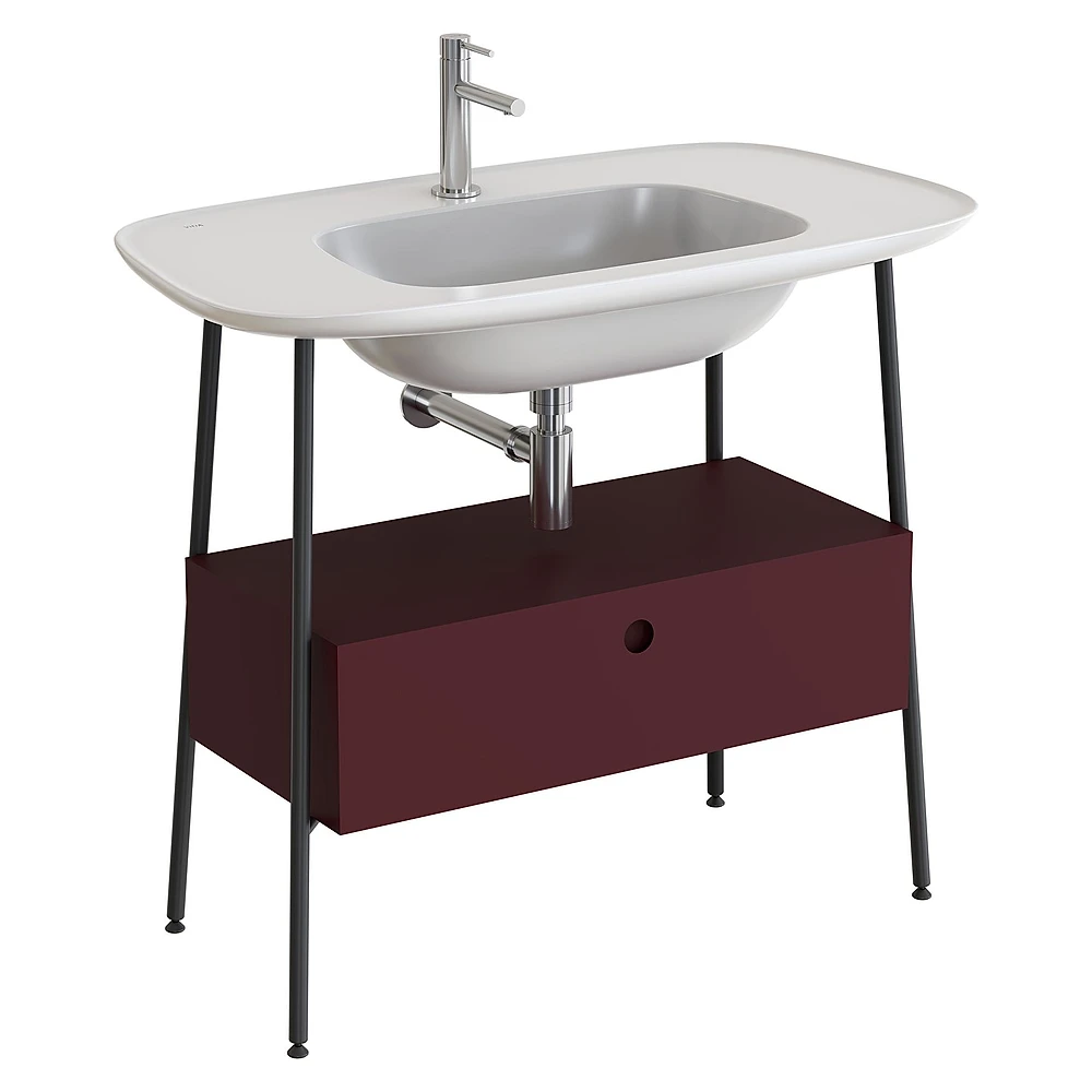 Vitra Plural 100 Cm Mat Bordo Tek Çekmeceli Parlak Beyaz Seramik Lavabolu Tek Armatür Delikli Lavabo Dolabı